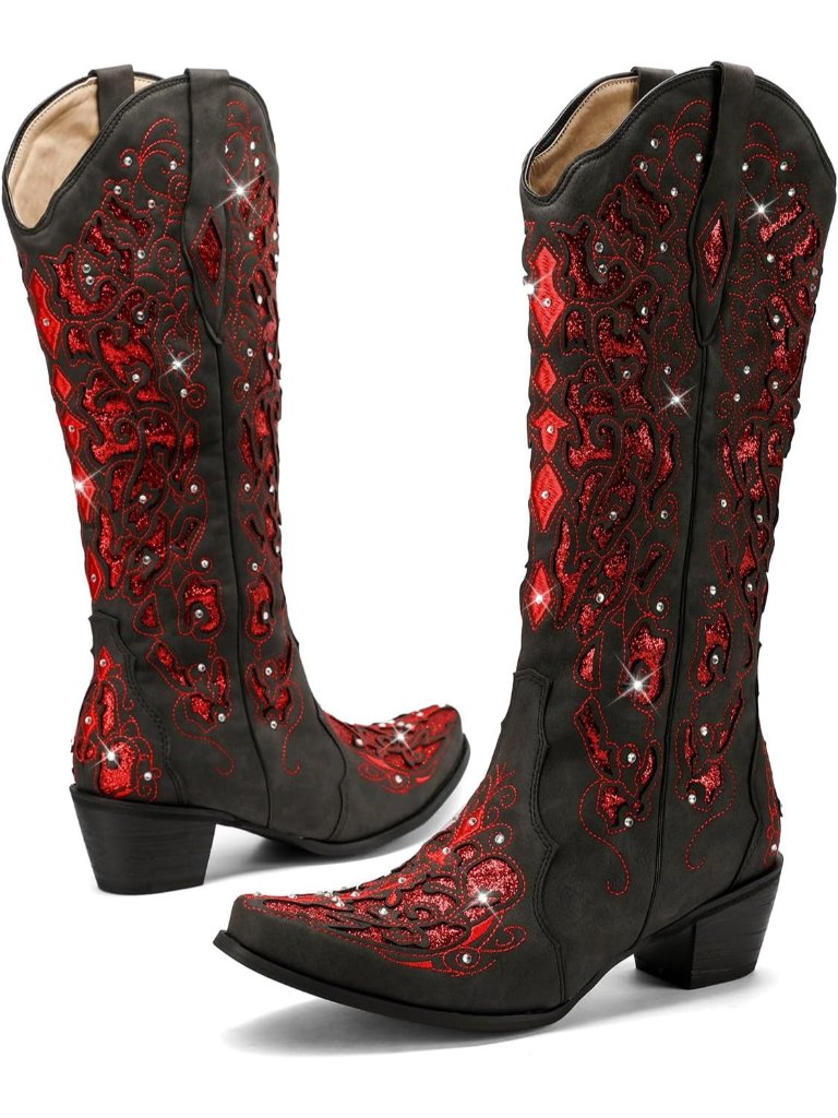 Women's Red Rhinestone Mid Calf Western Cowgirl Boot Chunky Heel With Glitter